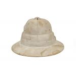 A white pith helmet with a high top. It is well worn and dirty. 