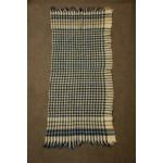 A checkered beige and navy blanket. The top and bottom edges are fringed. 