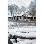 A photo of a building with a porch and peaked roof. There is snow on the ground in front, on the trees around the building, and on the hill in behind.