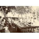 A photo of a group of people around a long table covered with a tablecloth, dishes, and food, underneath a tree with a building in behind. There are benches on either side.