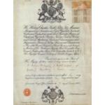 A printed visa featuring the coat of arms of the United Kingdom at the top and the Lansdowne coat of arms at the bottom. There are six orange stamps in the top right corner.