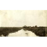 A thatched bungalow on stilts in the middle of a marsh. There is a strip of open water down the centre of the photo.