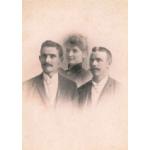 A portrait of Richard VanSickle with his wife and unknown man. She is behind the two men in the middle. They are wearing dark clothes and the image fades out around the edges of their heads and chests.