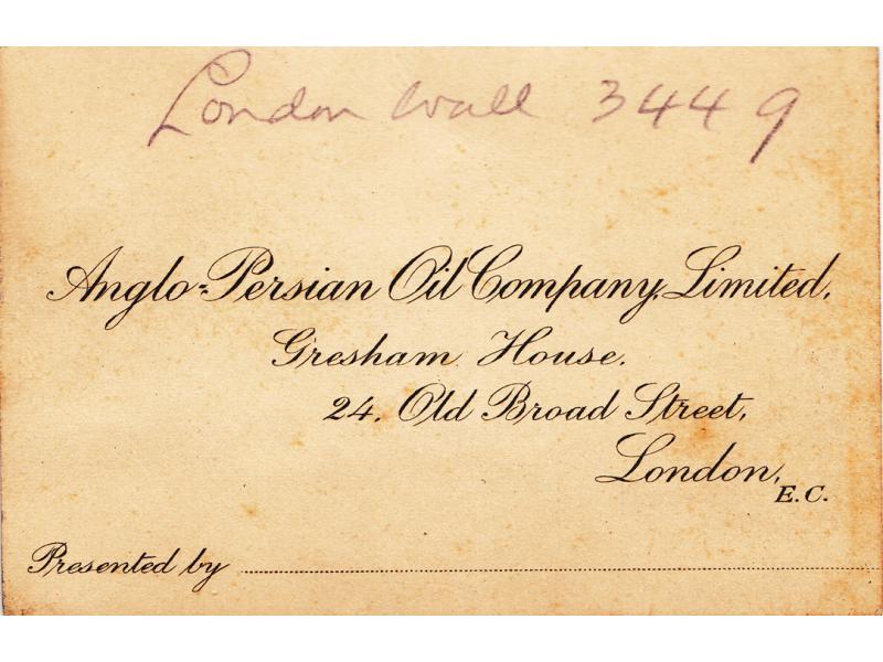 Calling card for the Anglo-Persian Oil Company Limited in London