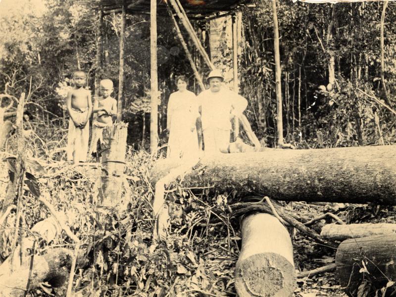 William McRae et sa femme debout dans la jungle avec deux enfants de la région. On peut apercevoir des billots coupés au premier plan.