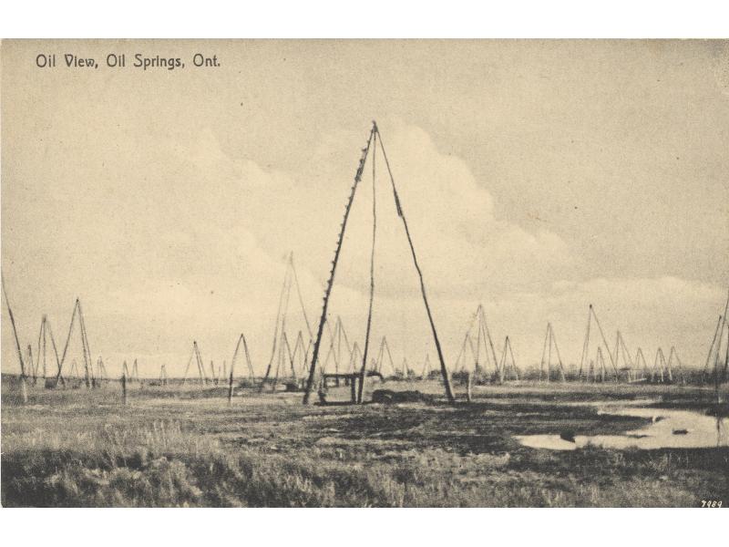 A postcard showing dozens of oil derricks dotting an otherwise empty landscape . There is water on the right hand side. The postcard says: "Oil View, Oil Springs, Ont."