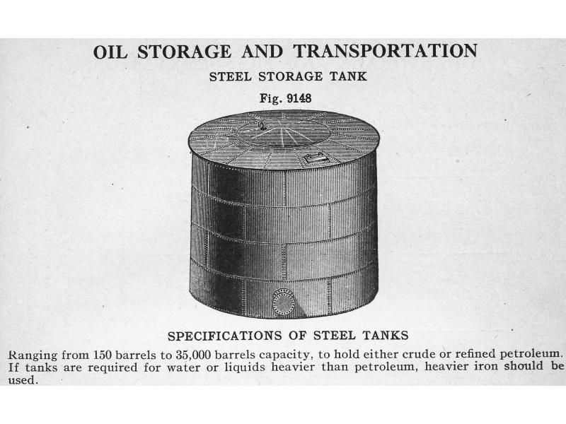 An ad for a steel storage tank from the Oil Well Supply Company.  It shows a cylindrical tank with a lid on top and states the capacity (35,000 barrels of oil).