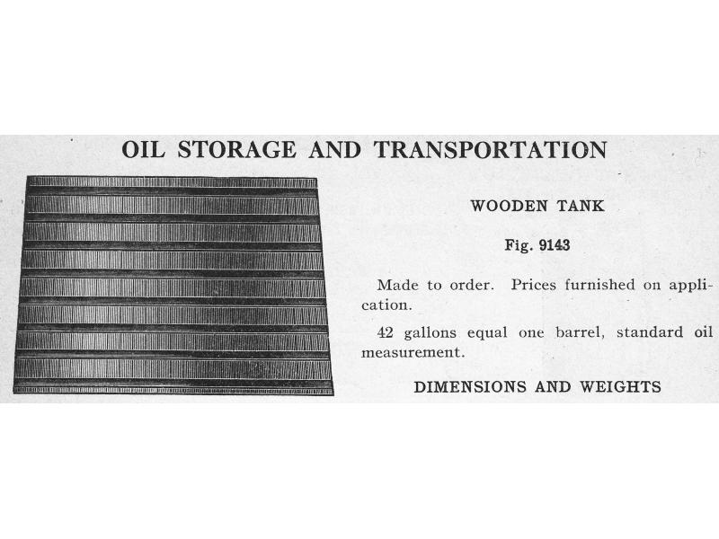 An illustrated ad for a wooden storage tank from the Oil Well Supply Company. It shows the tank with metal rings around it and gives information on how much it can hold (42 gallons).