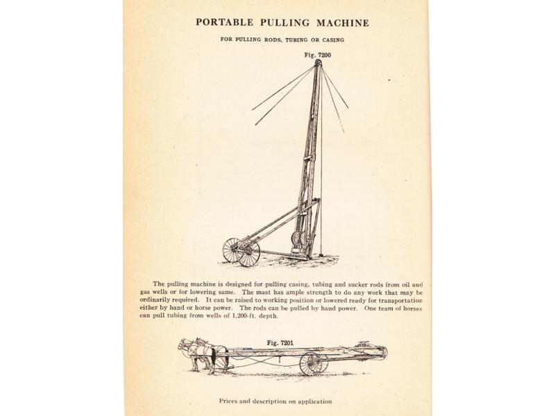 An ad for a portable pulling machine, showing the machine set up at the top and folded up  at the bottom so it could be hauled by horses.