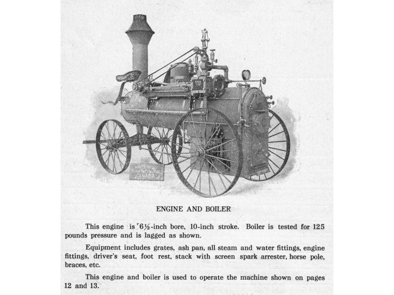 Illustration d'un moteur et d'une chaudière, y compris les jauges et la porte à l'avant. Il y a deux jeux de roues, les plus petites à l'arrière et les plus grandes à l'avant. Il y a une cheminée à l’arrière.