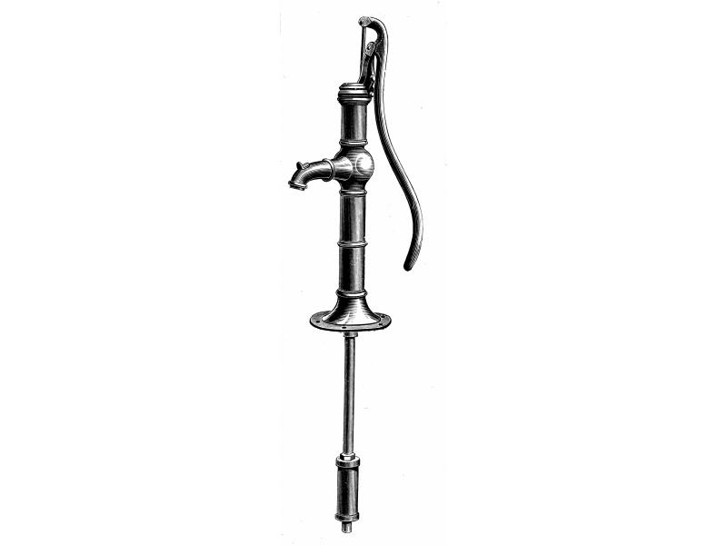 An illustration of a hand-pump. There is a spout coming off of a black rod with a drawing pipe below. There is a curved handle on the right side.