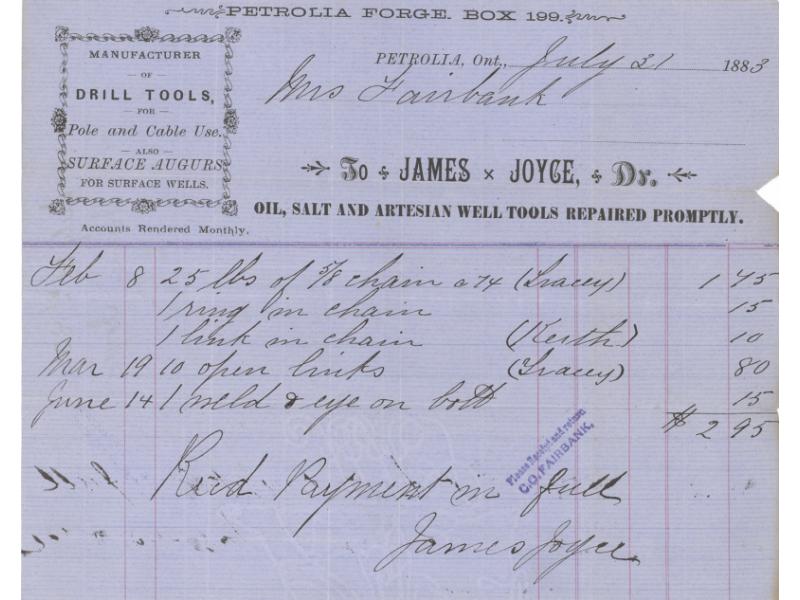 A receipt from James Joyce of the Petrolia Forge Box company. It is handwritten on blue paper and lists types of chain and links purchased.