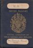 La couverture d'un passeport britannique délivré à Frederick Thomas Webb. Il est de couleur marine avec une écriture en or et un blason. Il y a deux autocollants de couleur claire avec des titres écrits à la main.