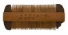 The front of a wooden comb with Japanese characters on the shaft. The teeth are perpendicular to the shaft and are the same brown colour. There is a wider piece of dark brown material at each end.