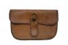 The front of a small, brown, leather pouch with a button closure and folded top flap. 