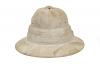 A white pith helmet with a high top. It is well worn and dirty. 