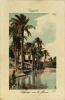 A postcard depicting palm trees along the bank of a river. There is a figure with a water jug balanced over their head. There are two lines of text on the postcard: "Egypte" and "Paysage sur le fleuve." 