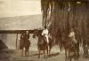 A photo of two boys on horses with a man in the middle riding a horse. There is a building covered in metal siding and roofing behind them, as well as a tree with long, hanging branches.