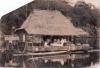 A photo of a bungalow with a thatched roof, floating on a raft. There is a group of people on the deck and trees in the background.  