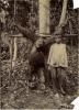 A photo of a young boy standing beside a dead chimpanzee hung by its wrists from two poles supported by a tree. There are trees in the background.  