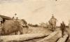 Two elephants in harnesses pulling large logs that are attached to the harnesses with chains. There is a main sitting on top of either elephant and a third man walks beside them. There is a wooden frame structure and a group of trees in the background.