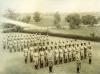 A photo of two rows of police and two rows of rangers in uniform There are three men holding sabres in front of them, ahead of the rows. A fence and line of bushes is in the background.